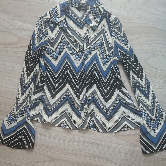 Camille La Vie Chevron Blouse in Black, Blue, and White - Picture 1 of 9